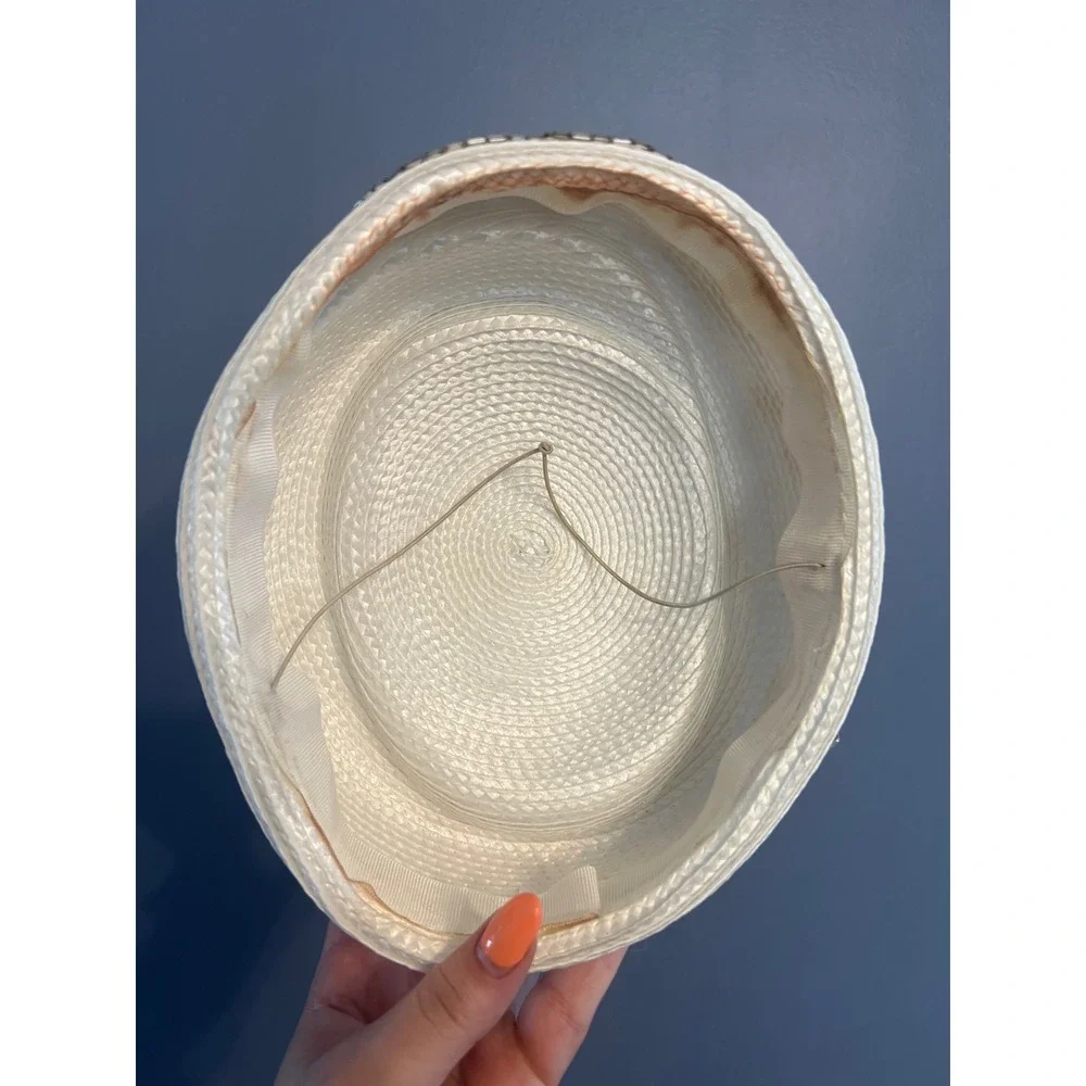 Vintage Woven White Pill Box‎ Hat W Sequin Pattern Elastic Strap 50s/60s Elegant